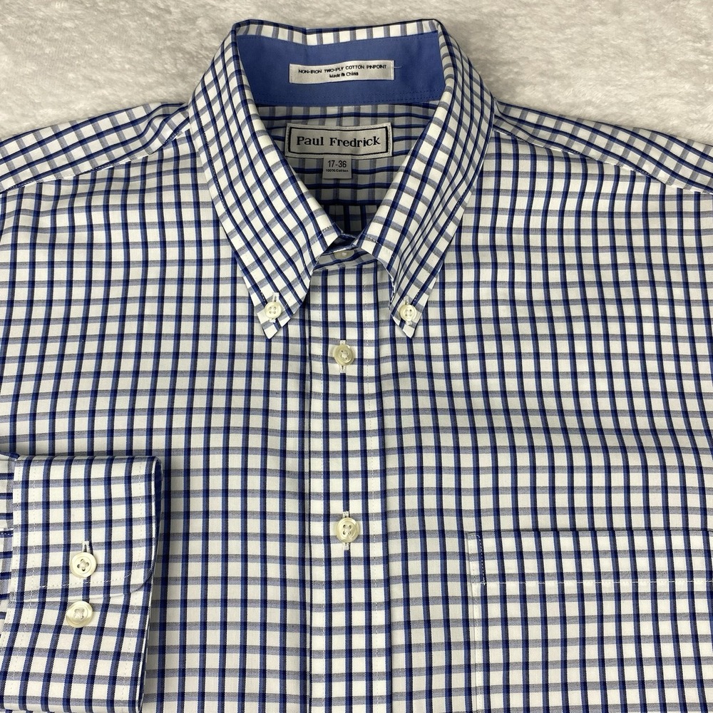 Paul Fredrick Dress Shirt Mens 17-36 Blue/White Checks Regular Fit No Iron